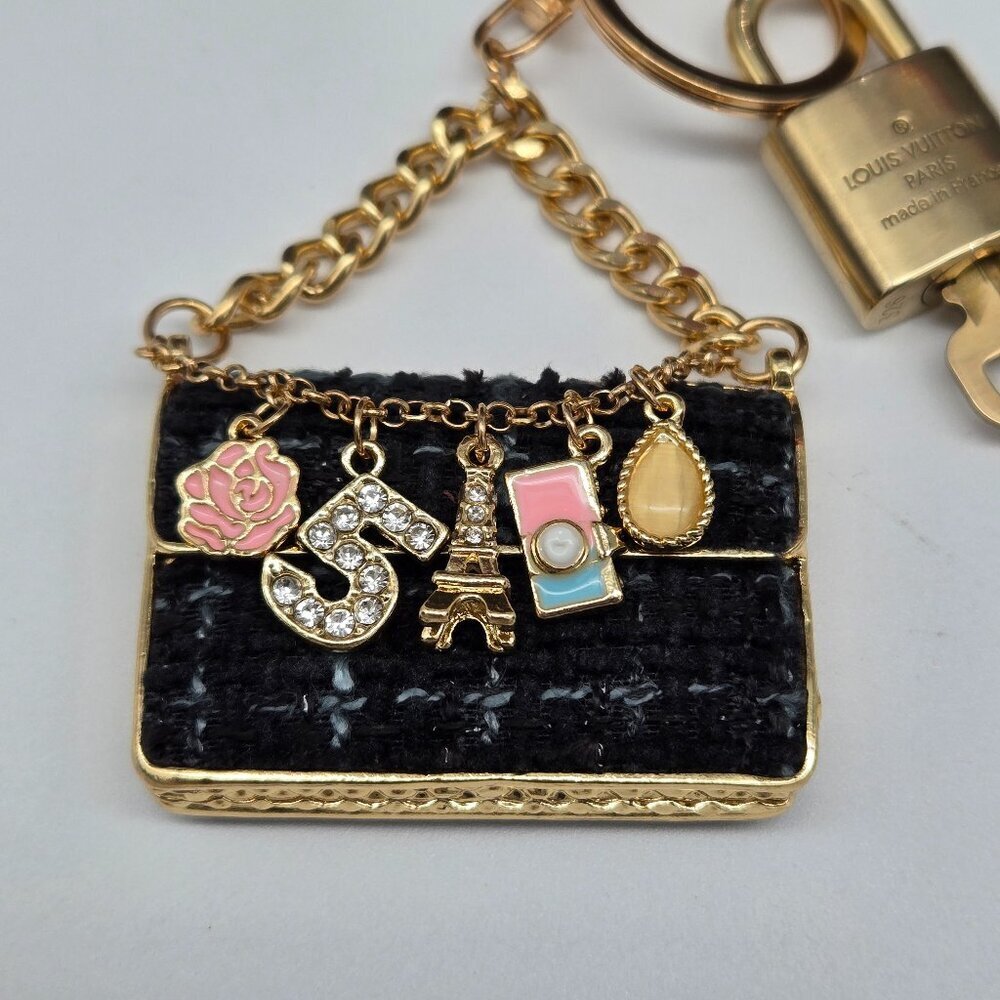 Authentic Louis Vuitton Padlock & Key Gold ✨Unbranded Tweed Bag Charm Keychain - Picture 5 of 5